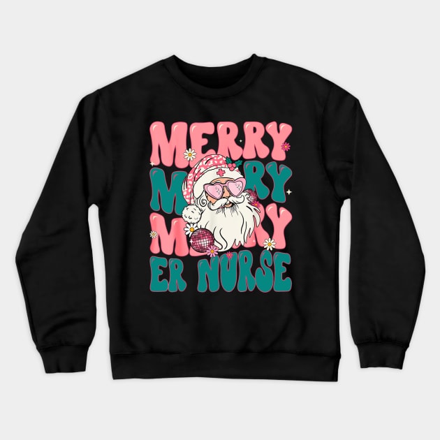 Merry ER Nurse Christmas Retro Pink ER Nurse Crewneck Sweatshirt by Derrick Ly